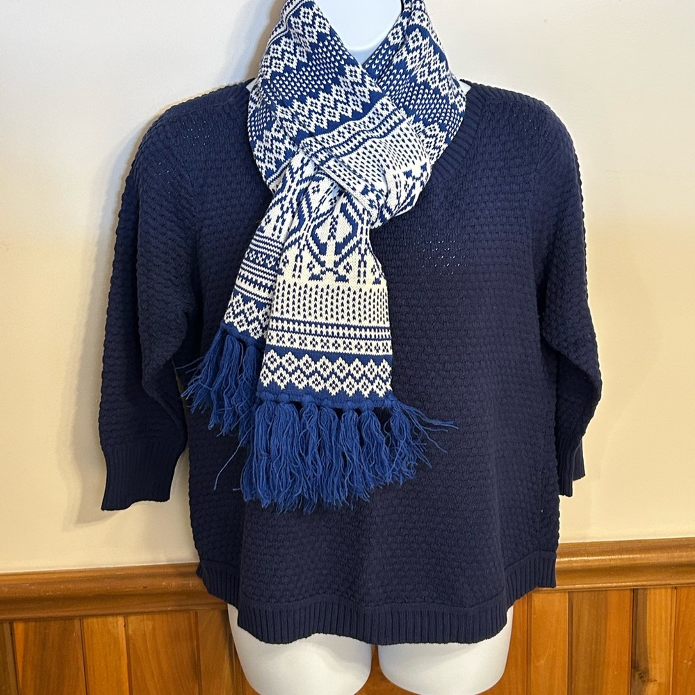 Navy Blue Sweater with Patterned Scarf  Size XXL